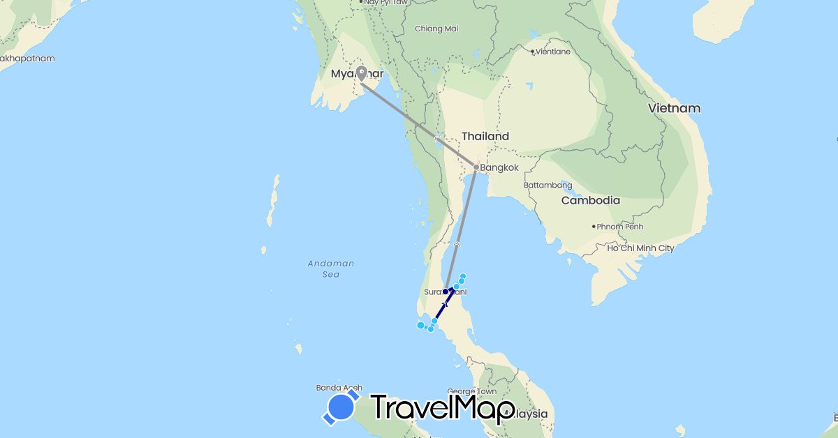 TravelMap itinerary: driving, plane, boat in Myanmar (Burma), Thailand (Asia)